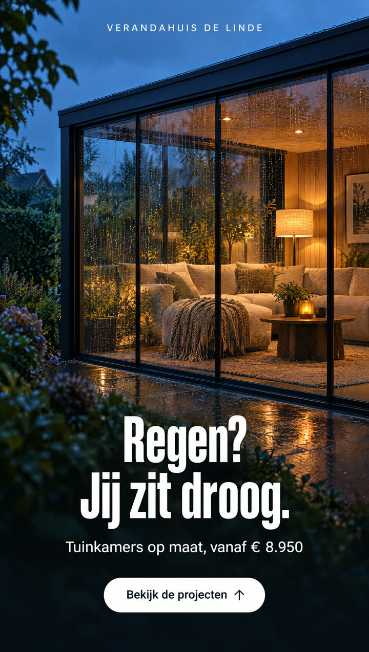 Voorbeeldadvertentie voor een verzonnen tuinkamerbedrijf: tuinkamer in de regen met de kop Regen? Jij zit droog.