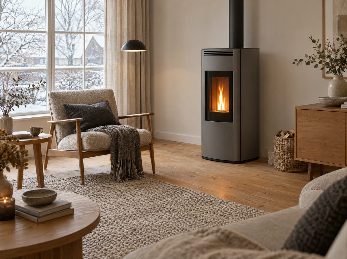 Pelletkachel met kleine vlammen in een lichte woonkamer