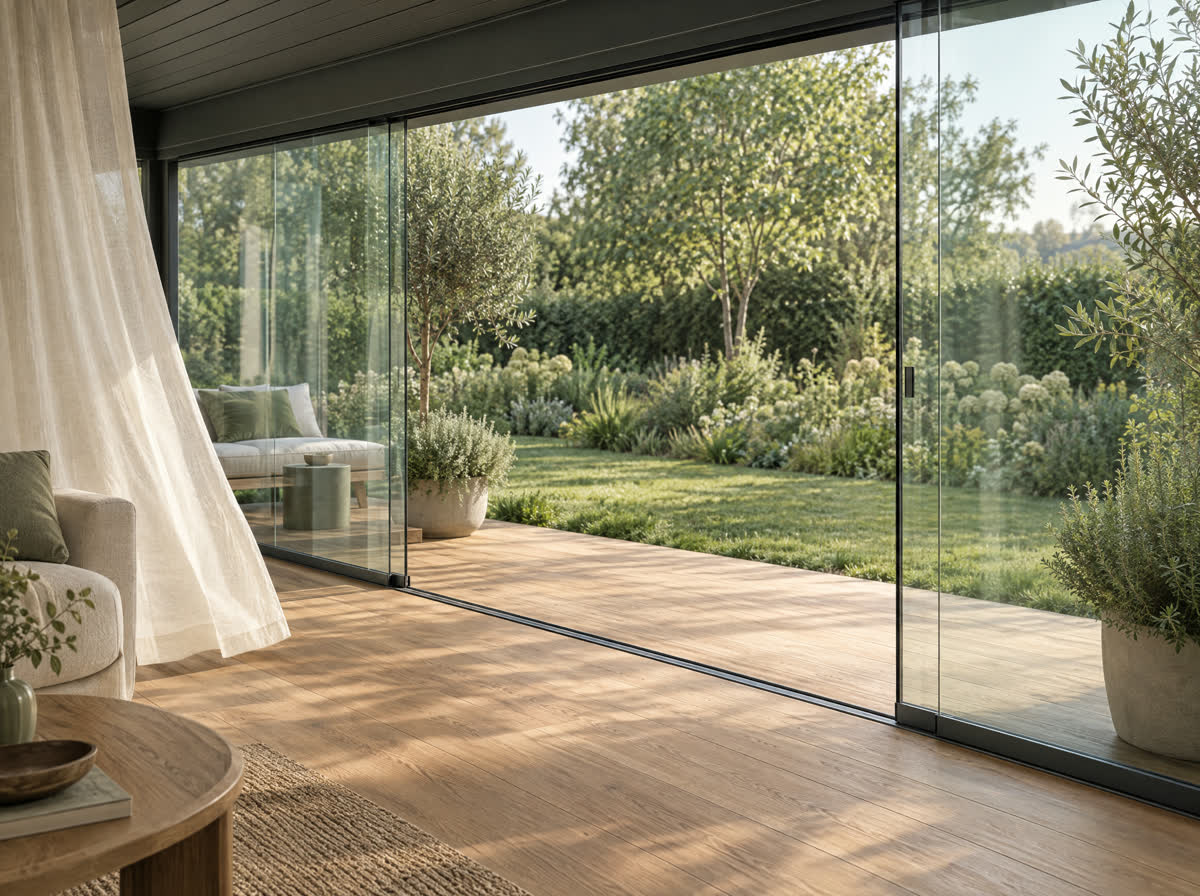 Glazen schuifwand onder een veranda, deels opengeschoven