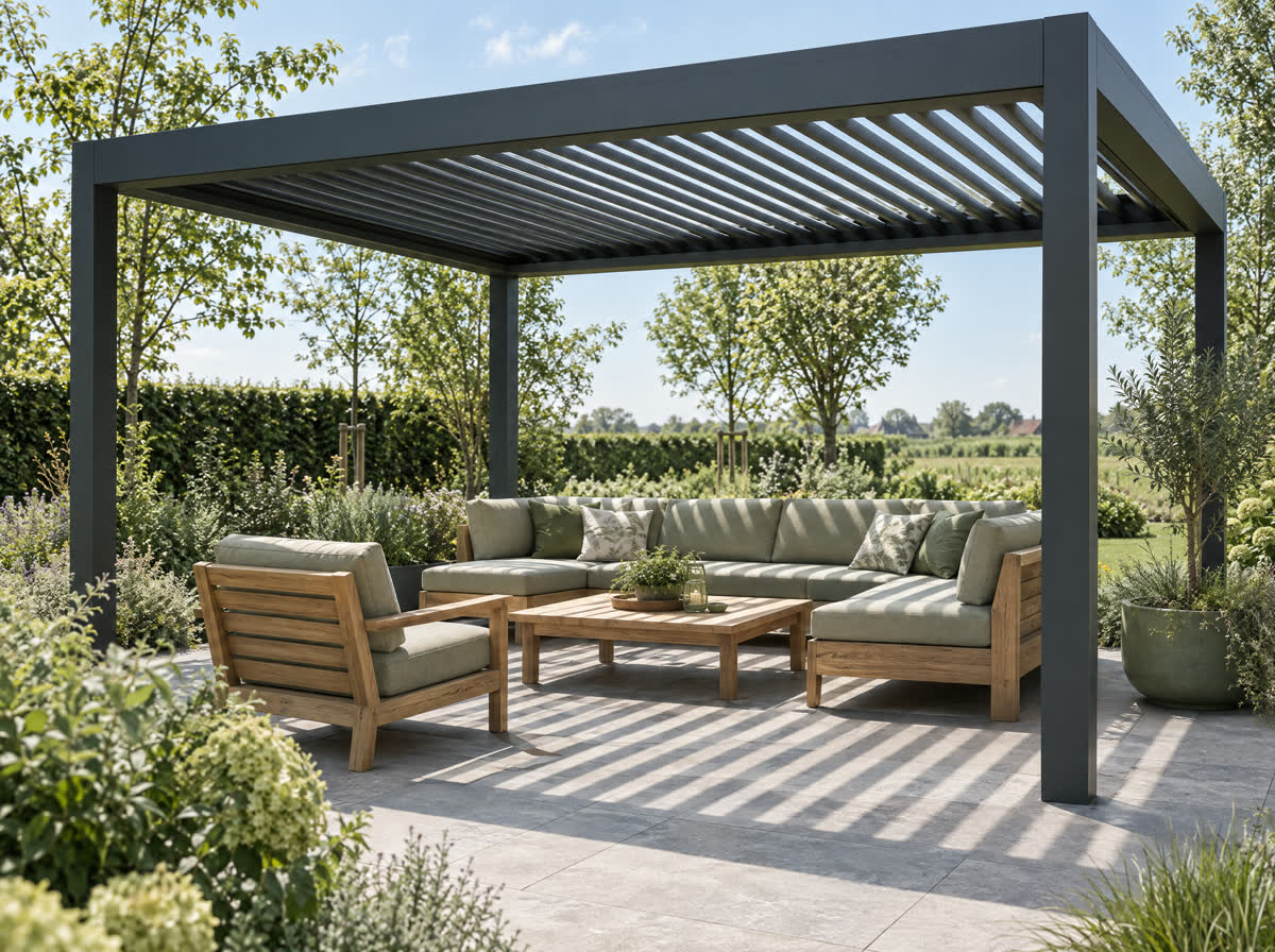 Lamellendak met gedraaide lamellen boven een terras