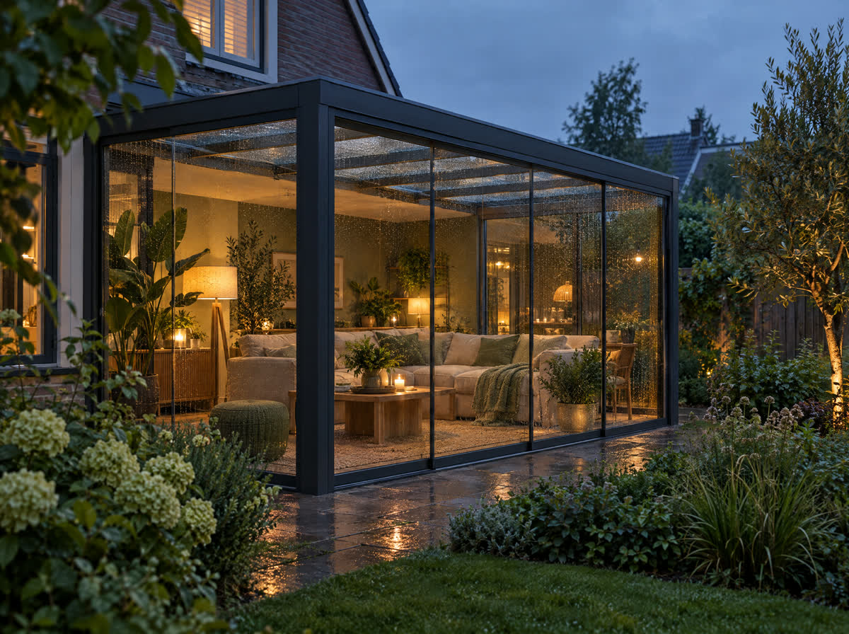Tuinkamer met glazen schuifwanden en een glazen dak